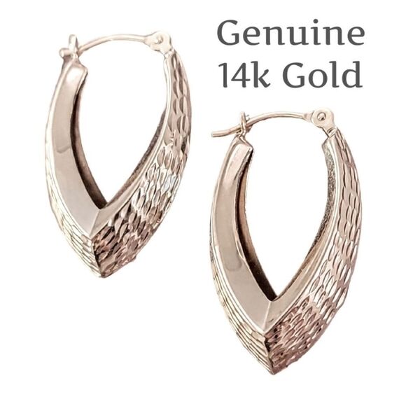 Genuine 14k White Gold Diamond Cut Hoop Ellipses Earrings - Picture 1 of 7